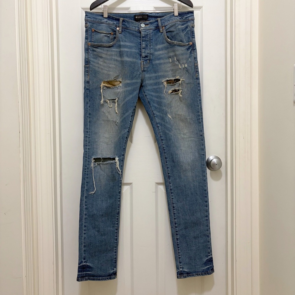 Purple Brand P001 Distressed Ripped Skinny Jeans Blue Camo Patch 36 x 34 Grunge